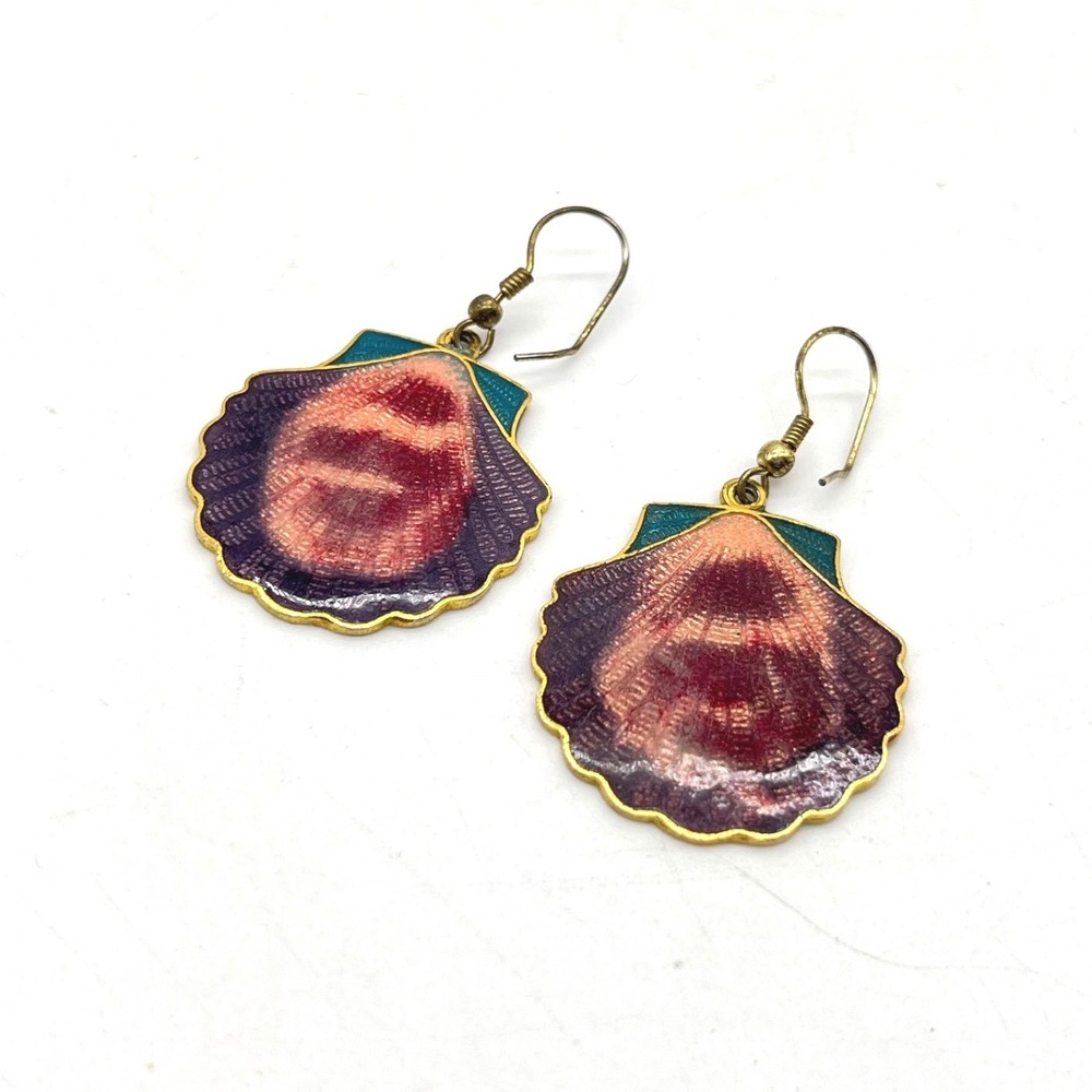 Vintage Cloisonne Enamel Seashell Drop Earrings Gold Tone Purple Teal Nautical